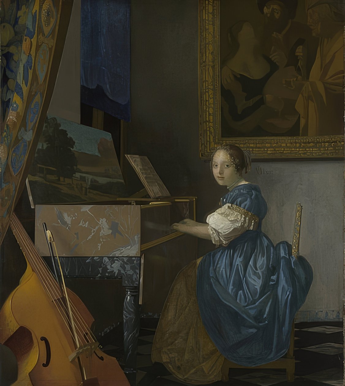 Bir bakire oturan genç kadın. 1670-72 civarında by Jan Vermeer van Delft