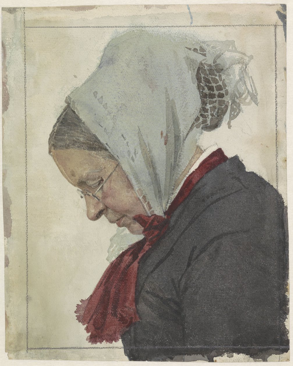 Başörtüsü ve kırmızı eşarp ile yaşlı kadın by Jan Veth