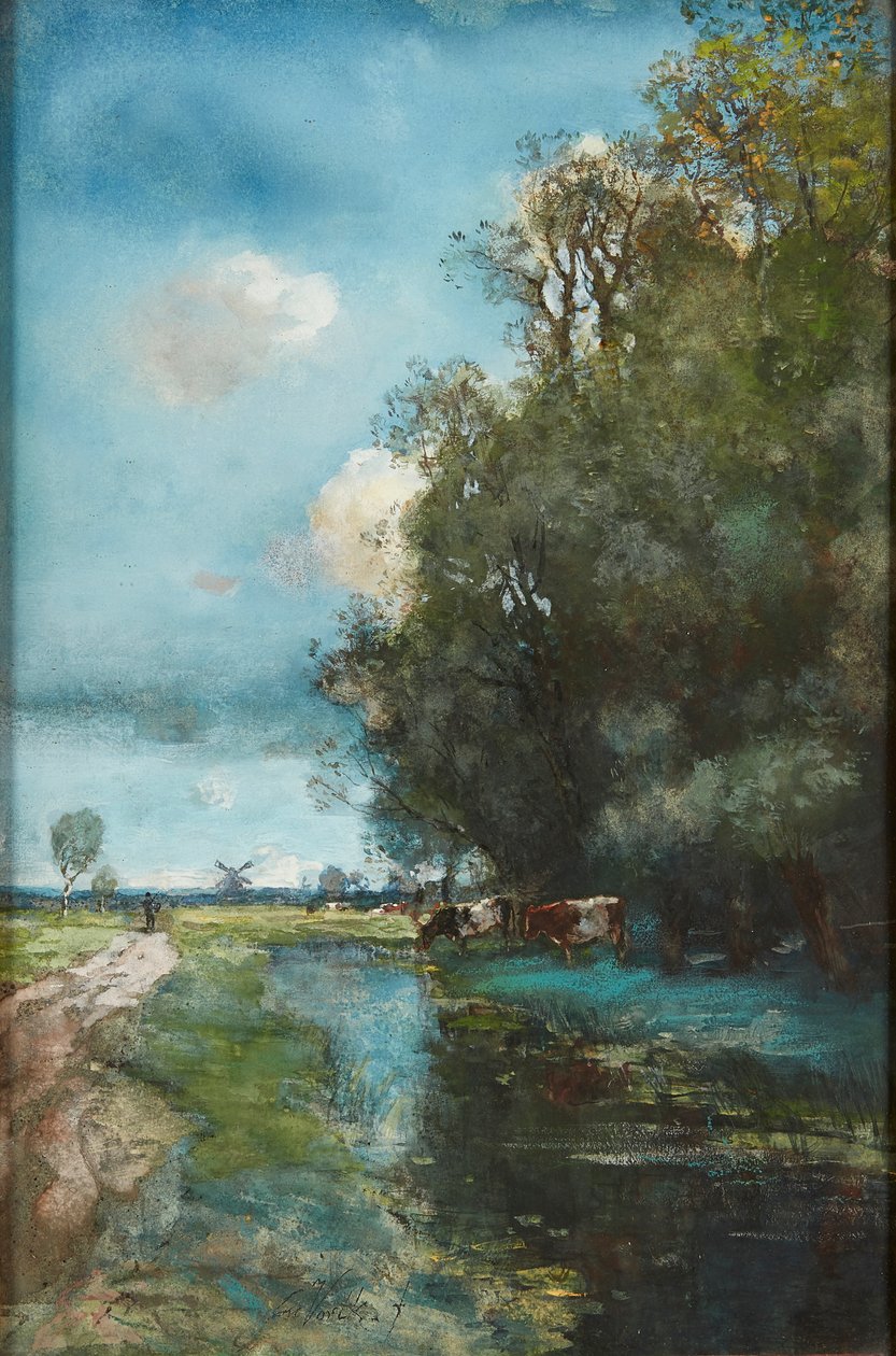 Hollanda Nehri Manzarasında Sığır Sulama (suluboya) by Jan Vorlyk