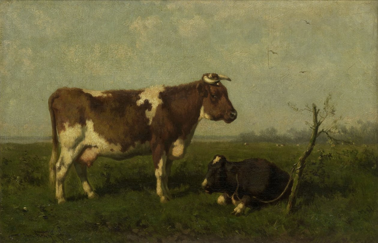 Bir Çayırda Yavrusu Olan Bir İnek by Johannes Martinus Vrolijk