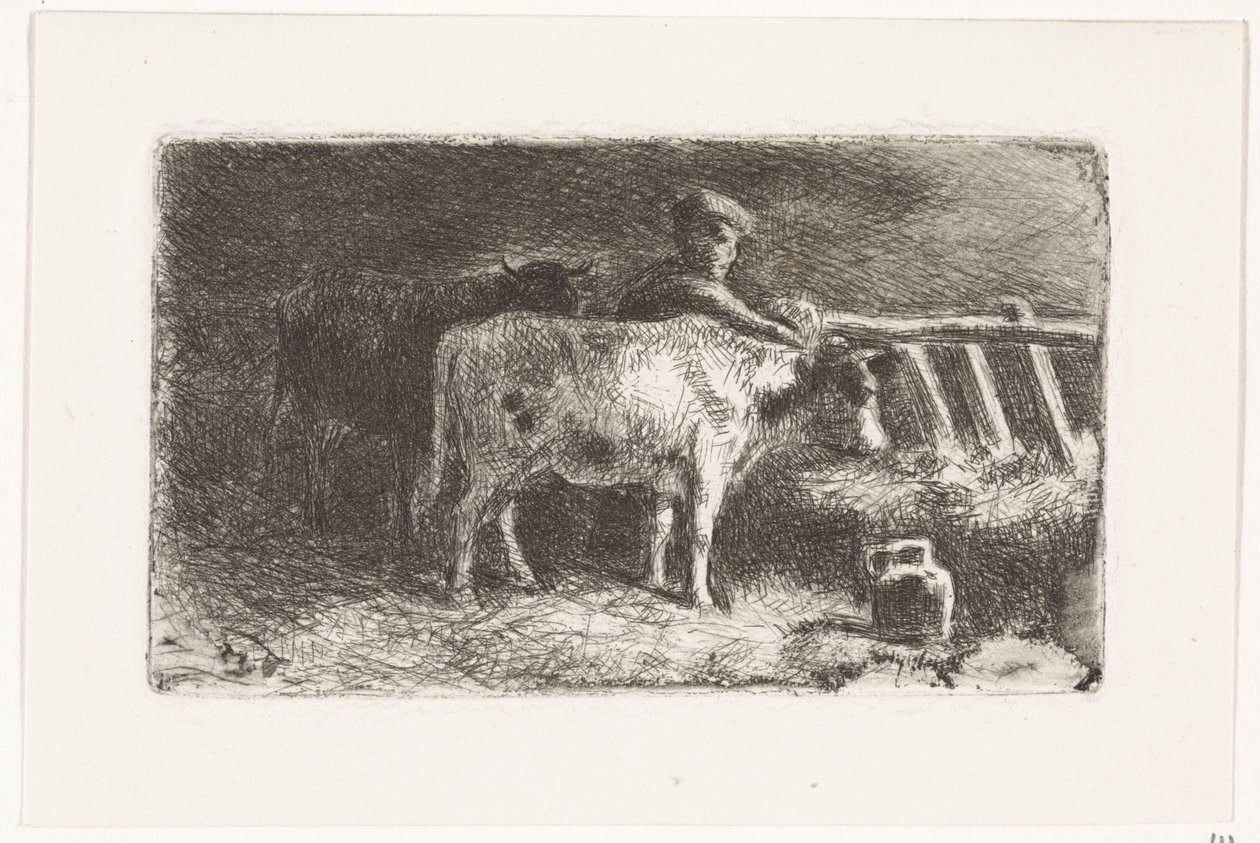 Çiftçi, ahırda (küçük varyant) bir rafta iki inek arasında by Johannes Martinus Vrolijk