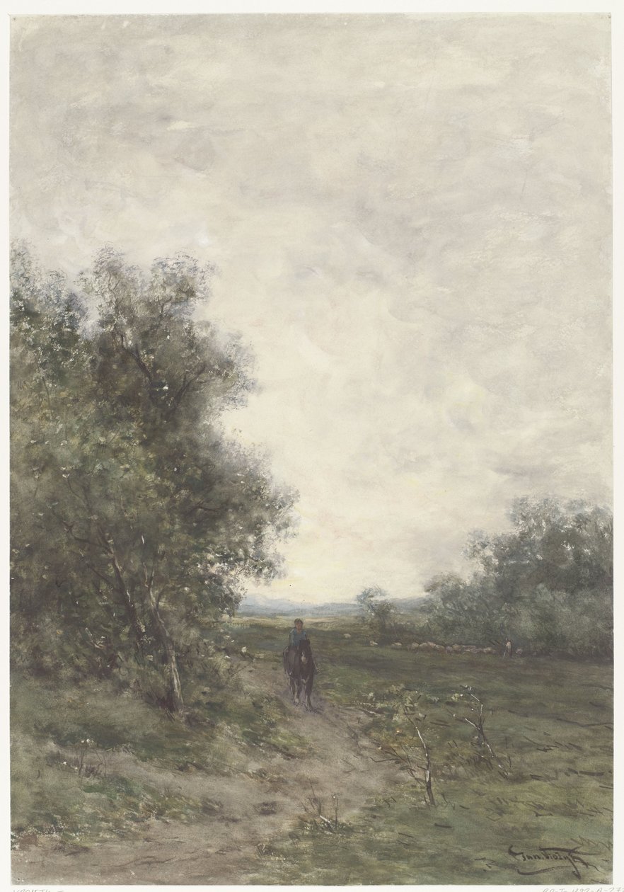 Bir binici ve bir koyun sürüsü ile bir çoban ile manzara by Johannes Martinus Vrolijk