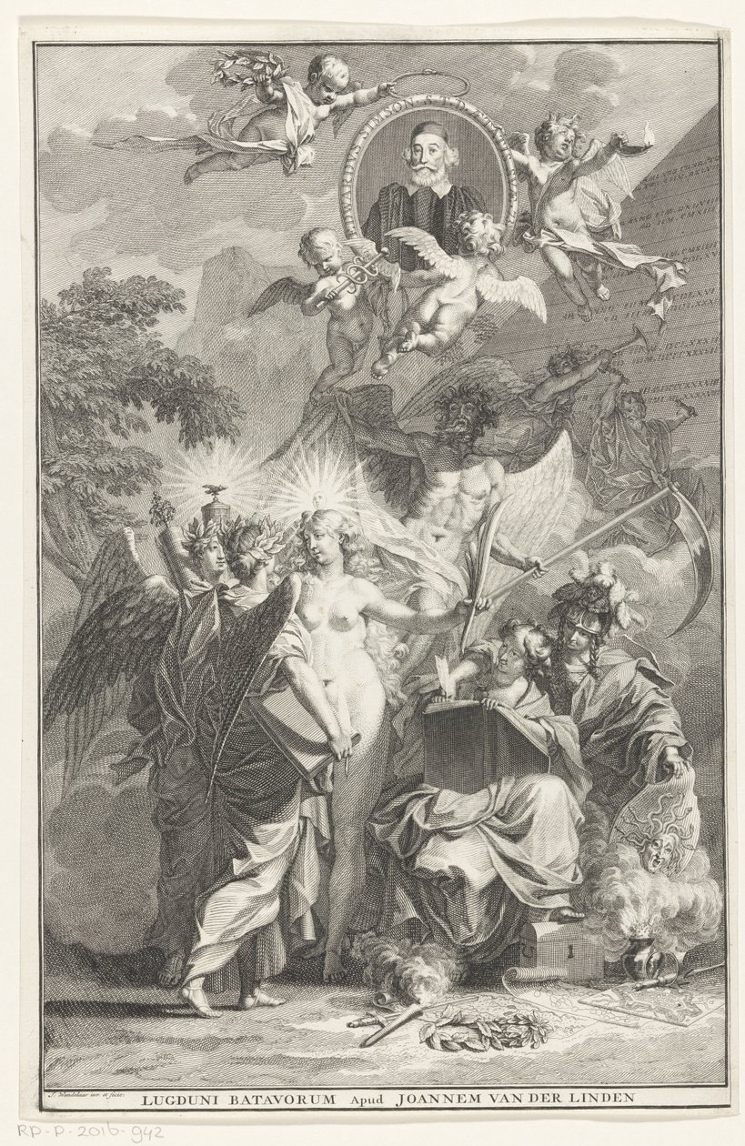 yazar Edward Simson portresi ile alegorik başlık sayfası Başlık sayfası: Edward Simson, Chronicon historiam catholicam complectens, 1729 by Jan Wandelaar