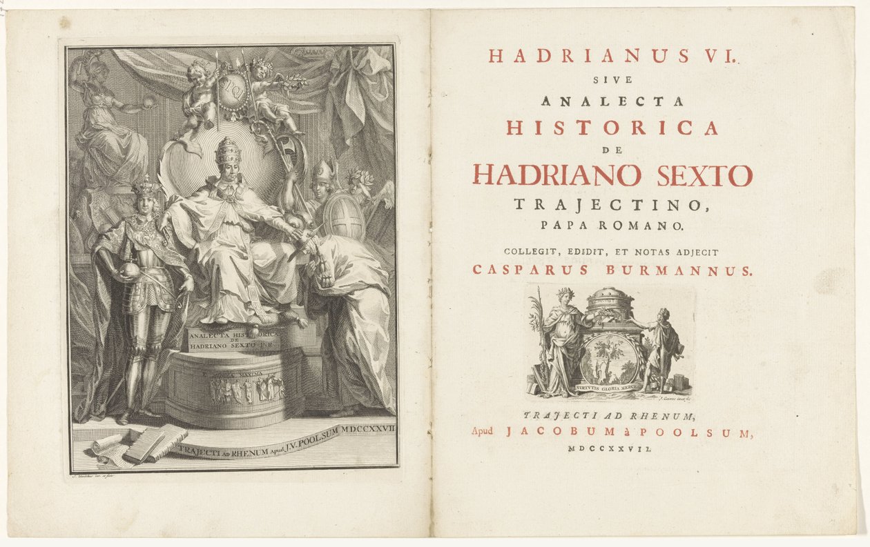 Trondende duraklaması Adrianus VI Başlık sayfası voor: Kaspar Burmann, Hadrian VI veya Trajectin tarihçisi, Roma Papası, 1727 by Jan Wandelaar