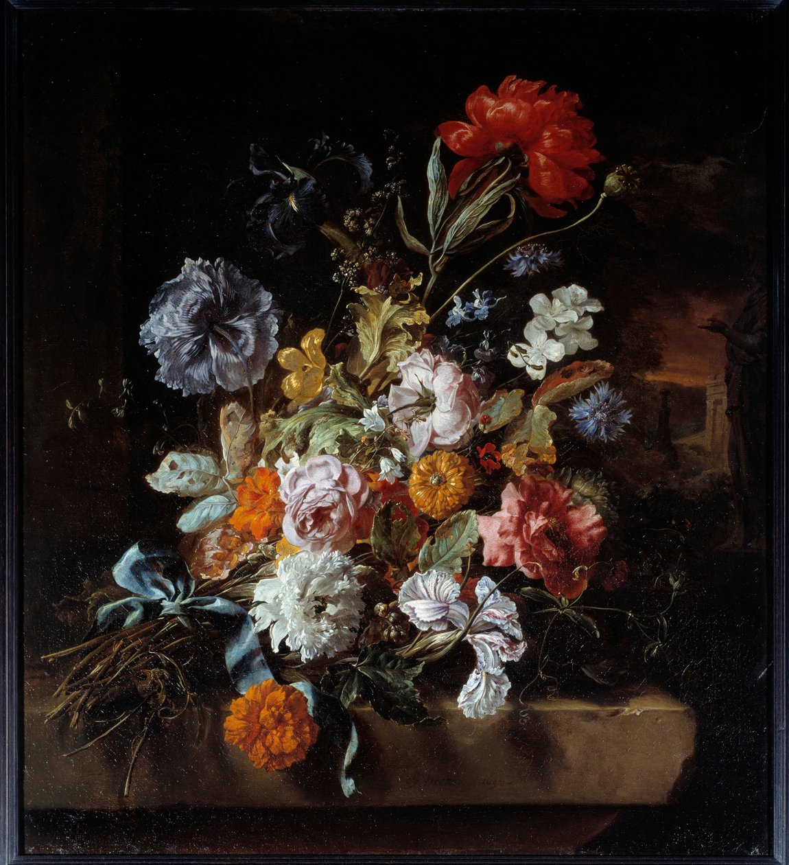 Taş bir bankta bırakılan çiçek buketi Resim Jan Weenix (1640-1719) 1694 Güneş. 0,74x0,67 m Lyon, Musee des Beaux Arts by Jan Baptist Weenix