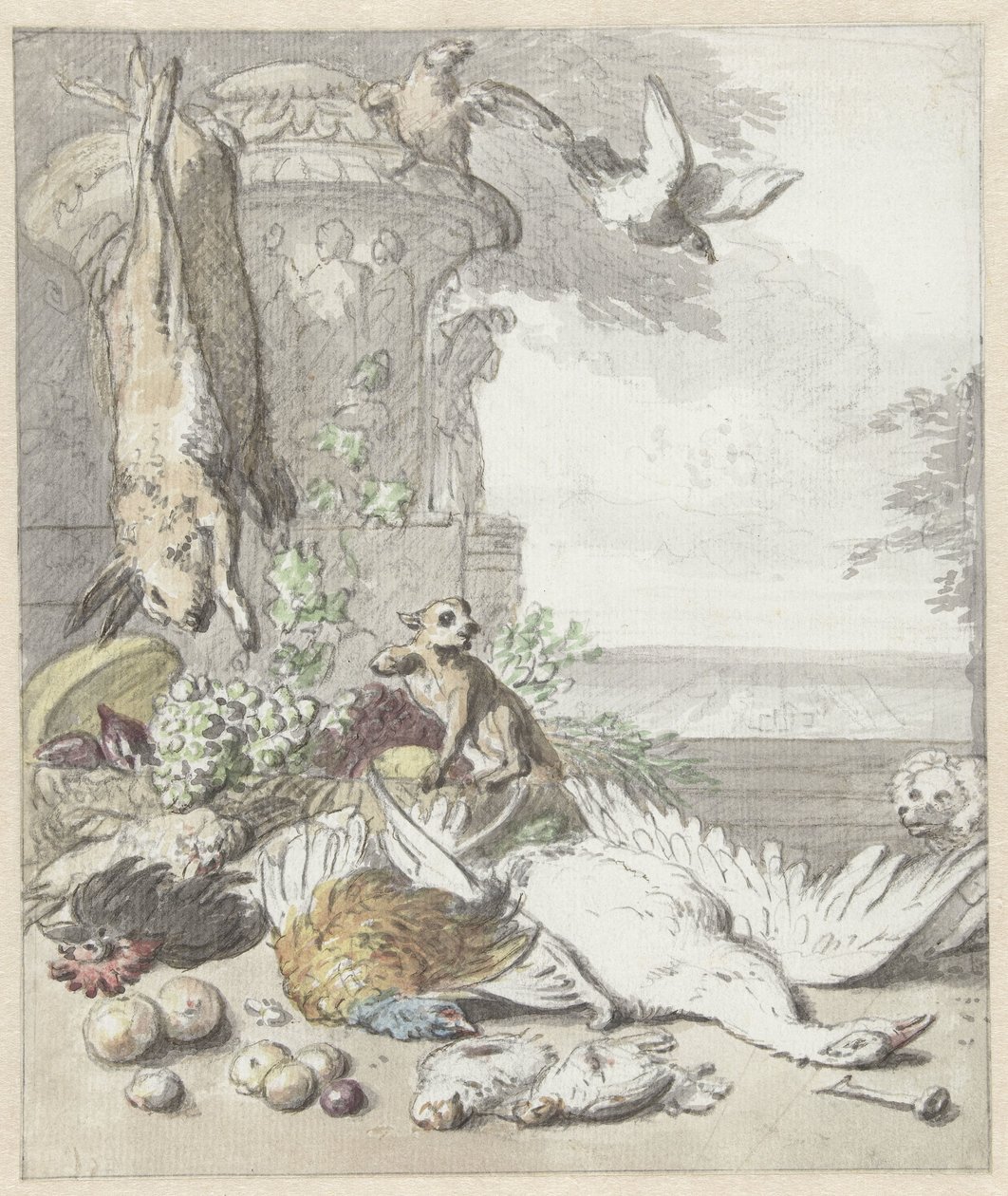 Ölü oyun, bir maymun, bir köpek ve bazı kuşlar by Jan Baptist Weenix