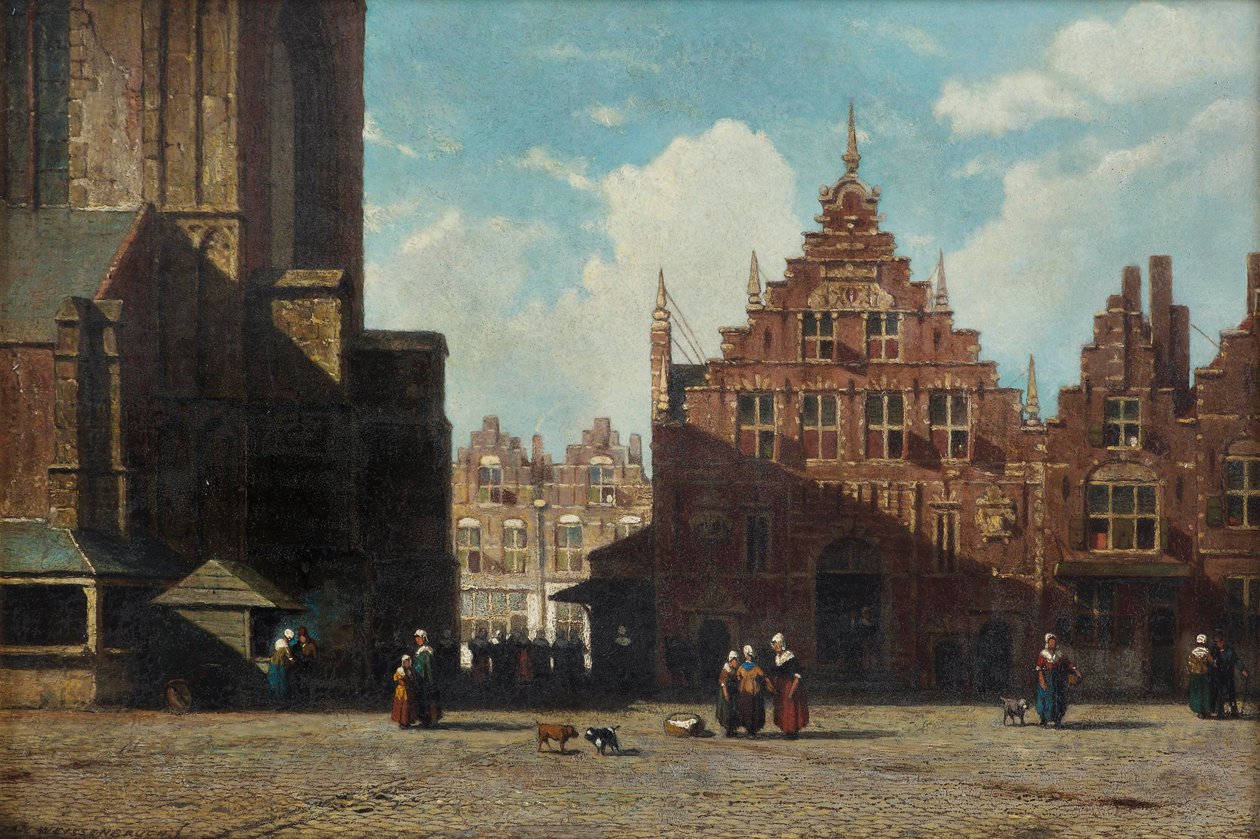 St. Bavo kilisesi ve Vleeshal, Haarlem ile birlikte Grote Markt'ın güneşli bir görünümü (panel üzerine yağlı boya) by Jan Weissenbruch