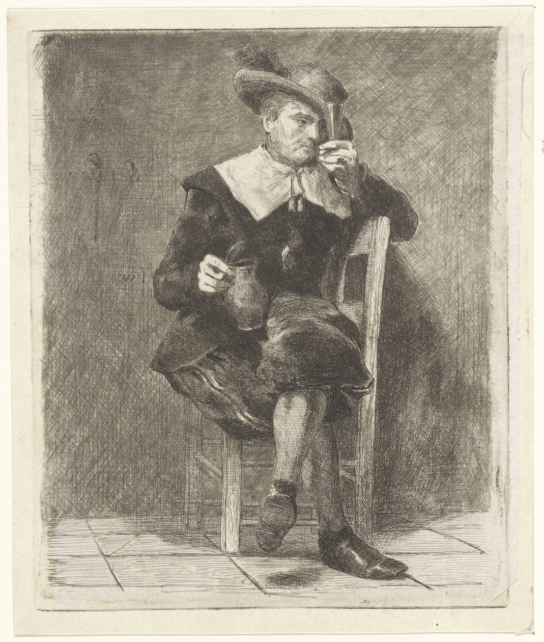 Bir sandalyede sürahi ve cam olan adam by Jan Weissenbruch