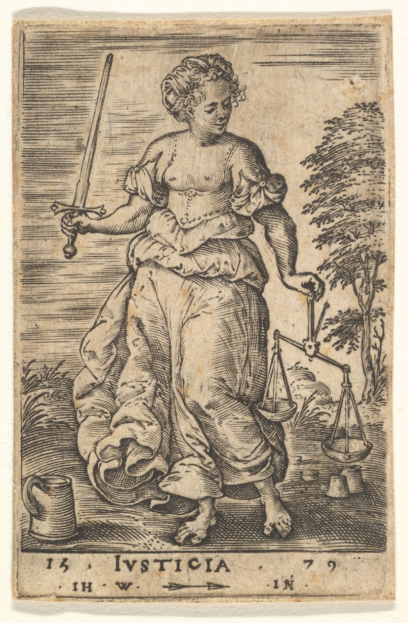 Adalet, sol elinde terazi, sağ elinde kılıç tutan alegorik bir figür..., 1579. by Jan Wierix