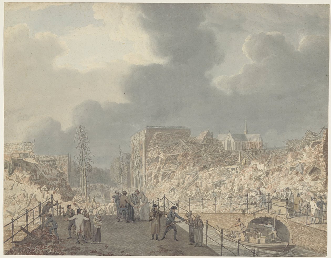 12 Ocak 1807'de barut gemisinin patlamasından sonra Leiden'deki Rapenburg'daki kalıntıların görünümü by Jan Willem Pieneman