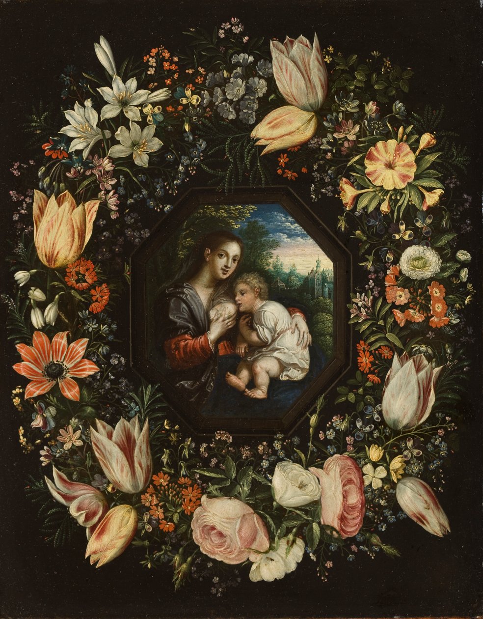 Madonna ve Çocuk bir çiçek çelengi içinde, c.1625 (bakır üzerine yağlı boya) by Jan and Balen, Hendrik van Brueghel