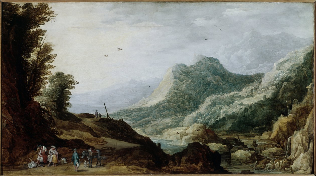 Yol kenarında köylü bir ailenin olduğu dağ manzarası (Resim, yaklaşık 1620-1630) by Jan and Momper Joos de  Brueghel
