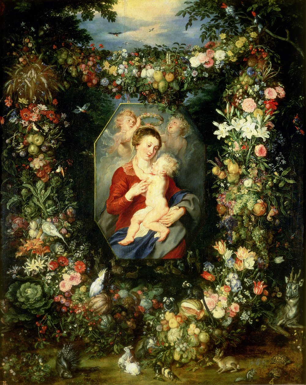 Bakire ve meyve ve çiçeklerden oluşan bir çelenk içindeki çocuk, c.1614-18 by Jan and Rubens, P.P. Brueghel