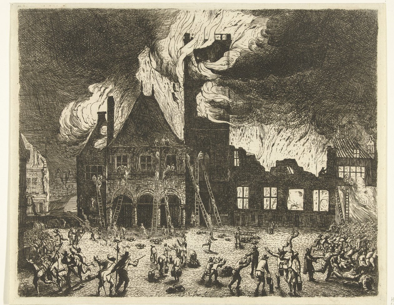 Amsterdam'ın Eski Belediye Binası'ndaki yangın, 1652 Eski Stadthuys'un Amsterdam'a giden illüstrasyonu 7 Temmuz 1652'de yandı by Jan de Baen