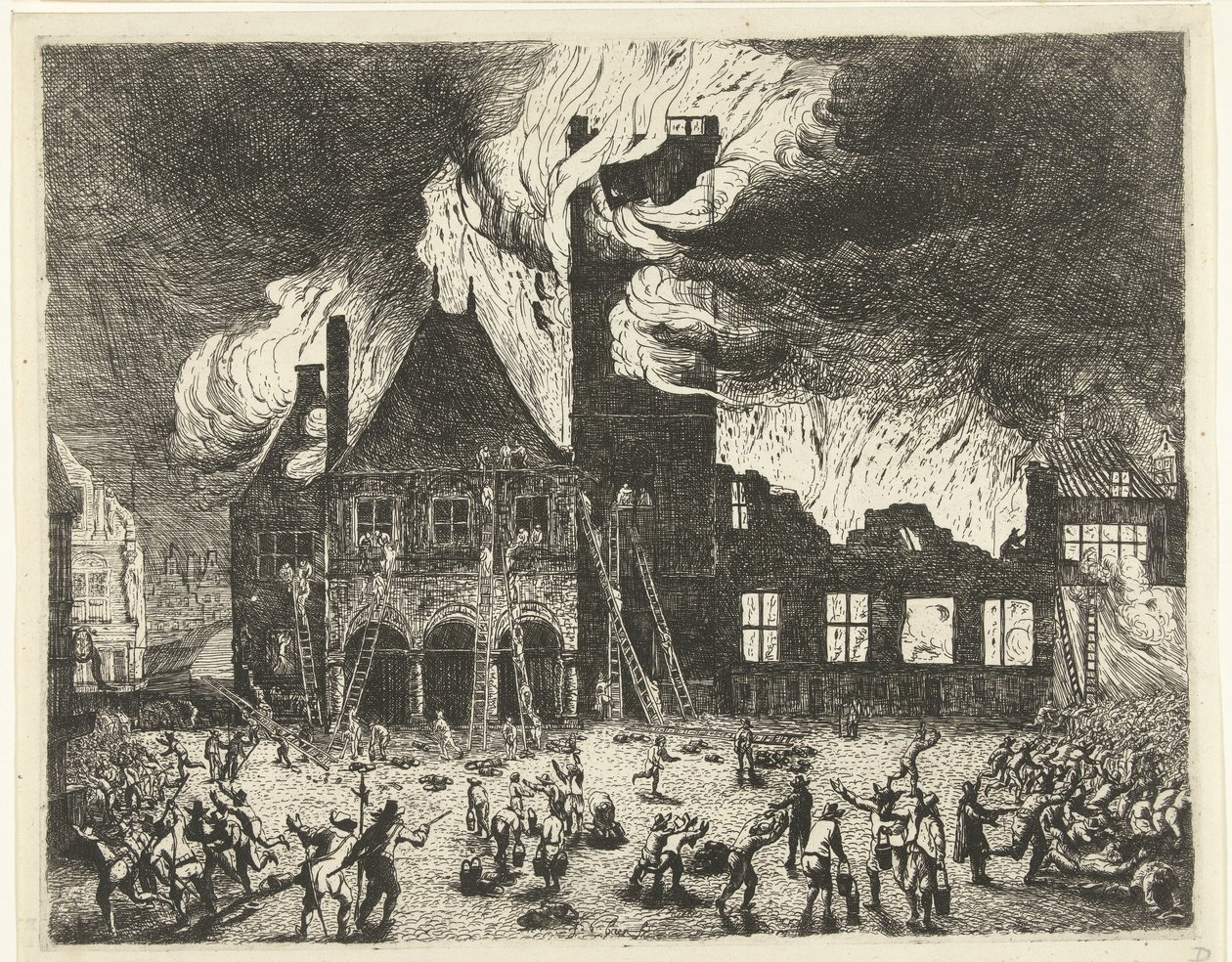 Amsterdam Eski Belediye Binası'ndaki yangın, 1652 Eski Stadthuys'un Amsterdam'a giden illüstrasyonu 7 Temmuz 1652'de yandı by Jan de Baen