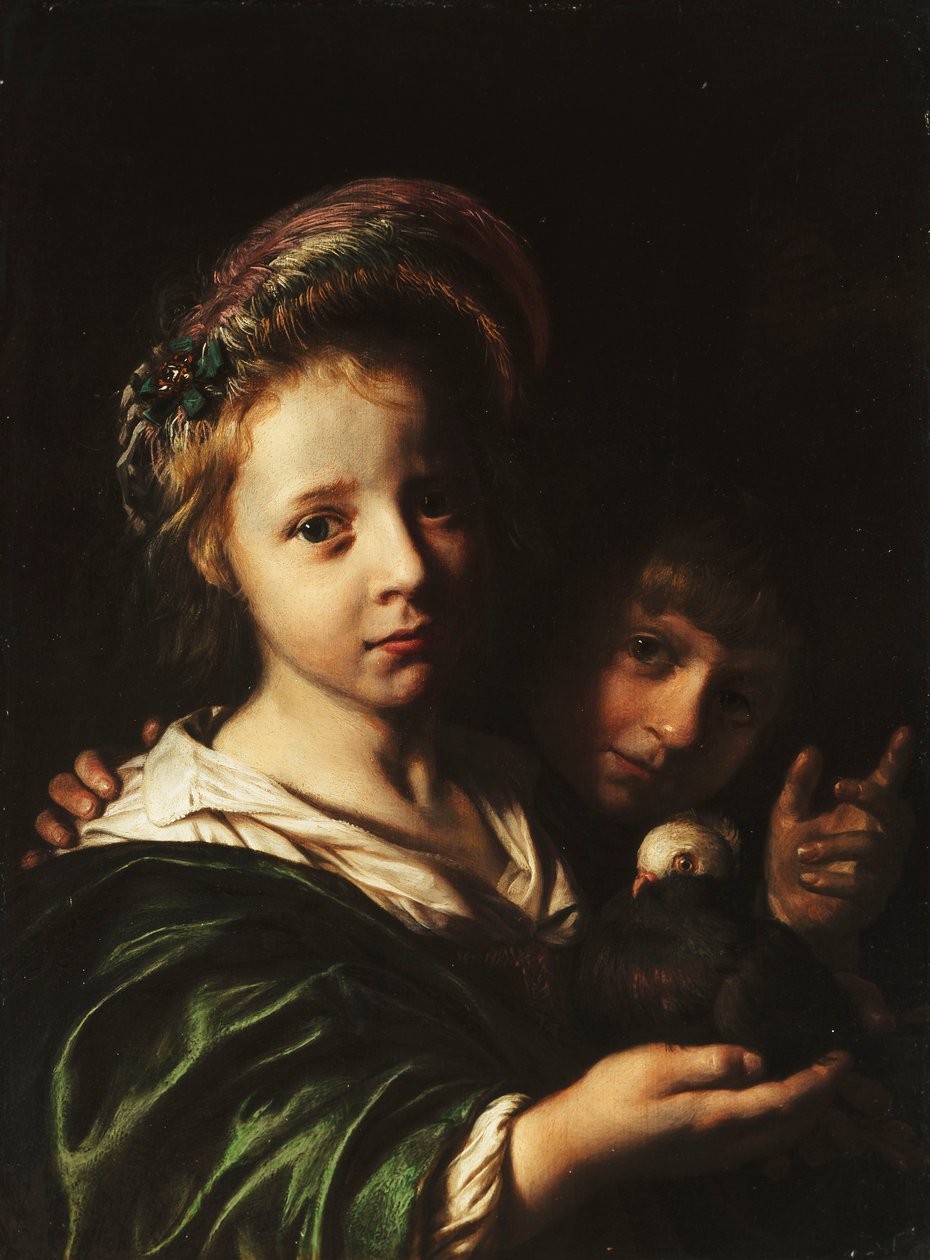 Güvercin Tutan Bir Kız ve El Hareketi Yapan Bir Erkek, 1652 by Jan de Bray