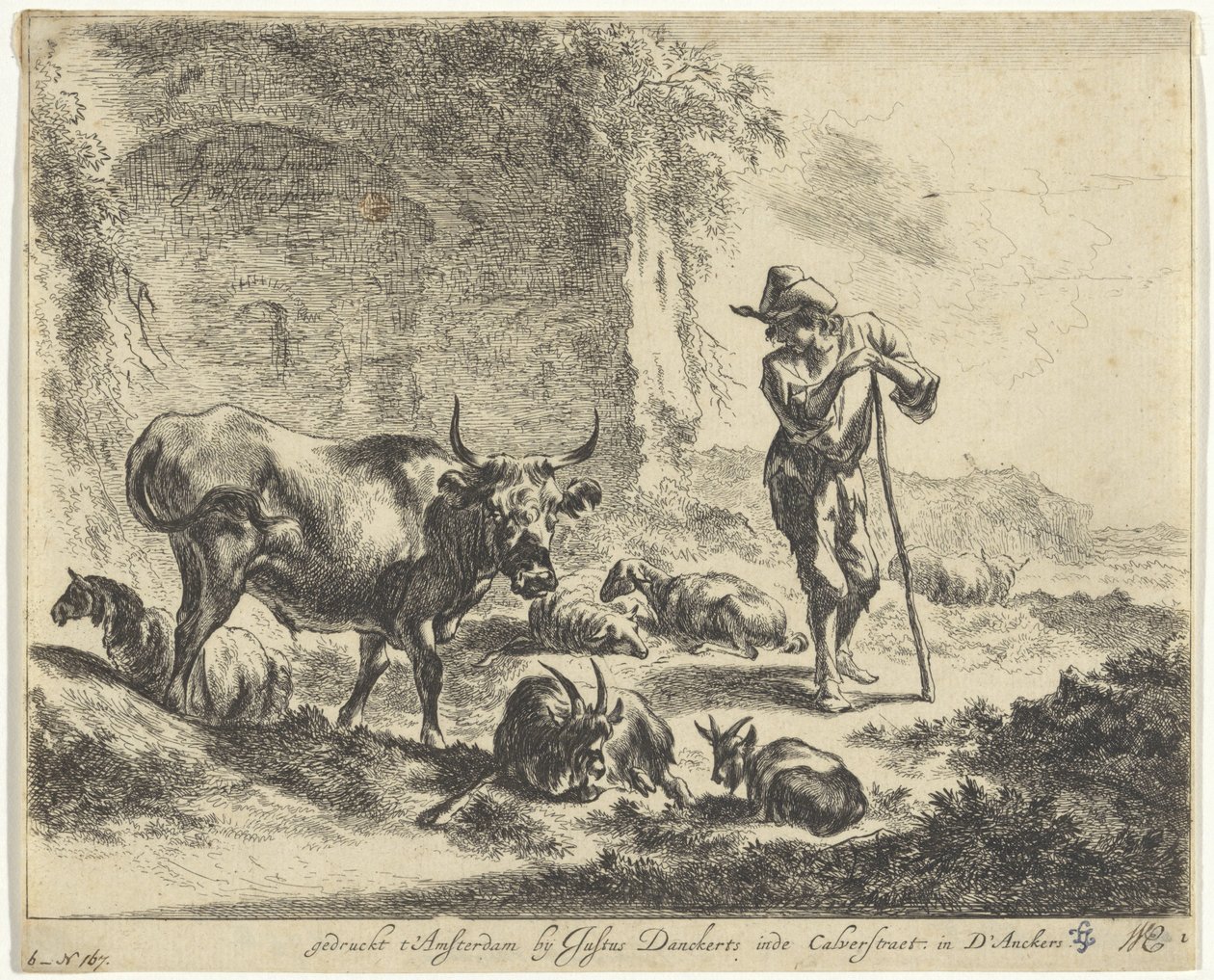 Çoban bir harabe tarafından değnek üzerinde dinleniyor Çobanlar ve Sığırlarla Manzaralar (dizi başlığı) by Jan de Visscher