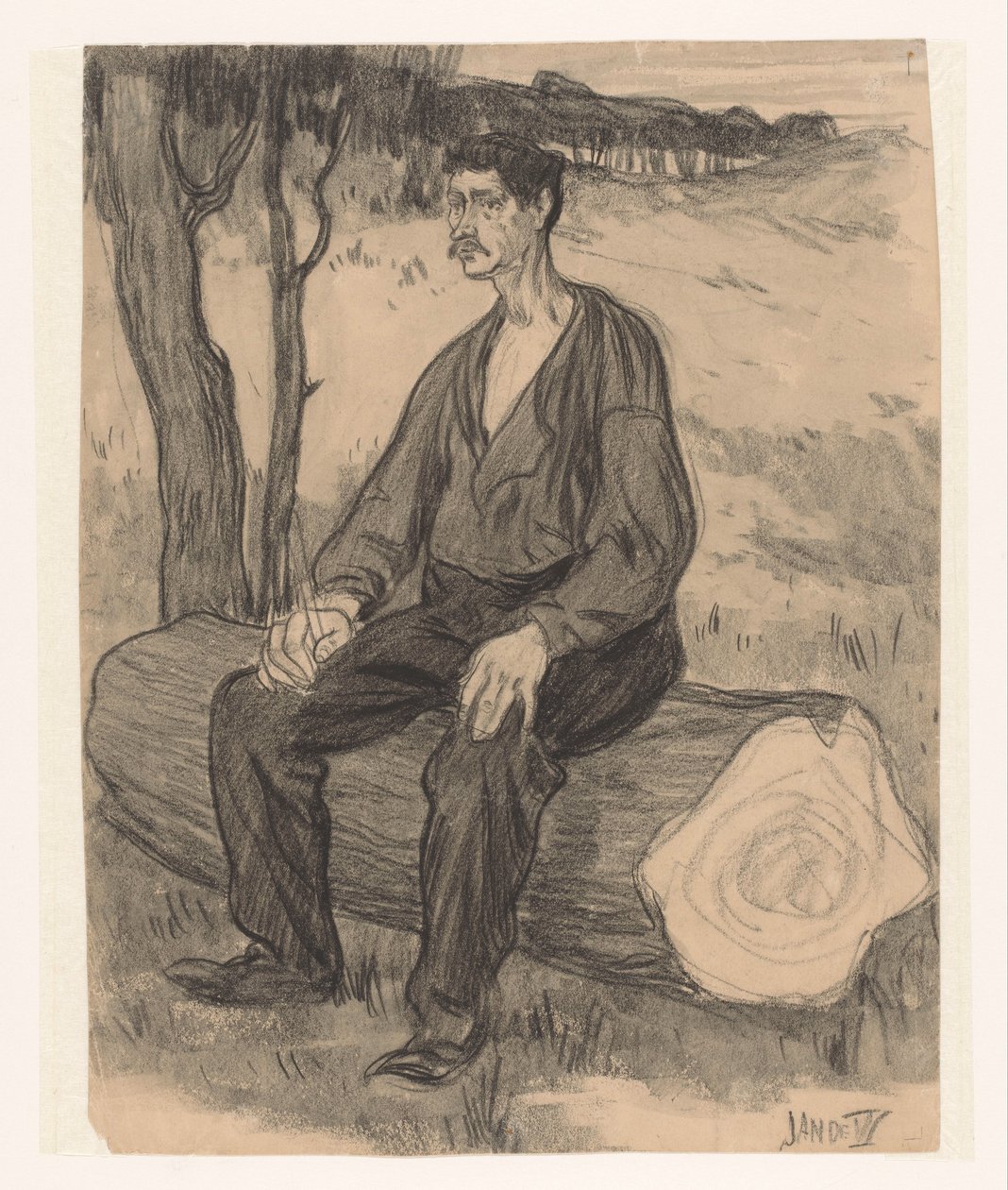 ağaç gövdesi üzerinde oturan adam by Jan de Waardt (signed by artist)
