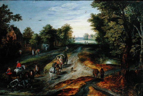 ವಿಲೇಜ್ ರೋಡ್ ಟರ್ಕ್‌ನೊಂದಿಗೆ ಭೂದೃಶ್ಯ by Jan studio of Brueghel