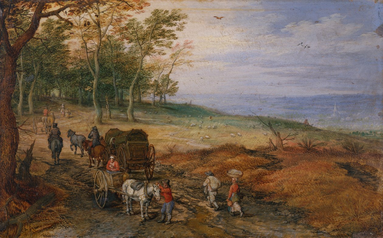 Gezginlerle Ormanlık Bir Manzara (bakır üzerine yağ) by Jan the Elder Brueghel