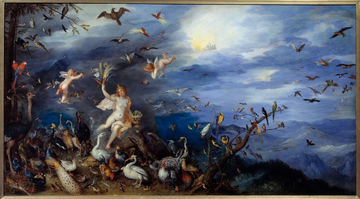 Hava genç çıplak kadın alegorisi, her tür kuşla çevrilidir. Jan Brueghel tarafından yapılan boyama Le Vieux, Brueghel de Velours