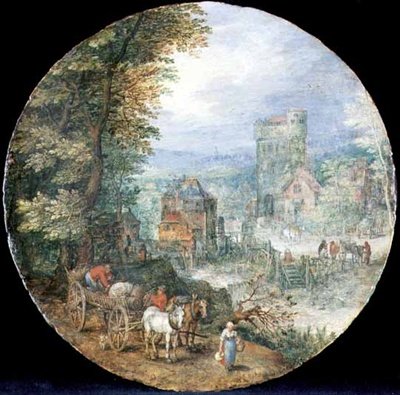 Kasaba, değirmen ve köylülerle dolu geniş bir ormanlık alan by Jan the Elder Brueghel