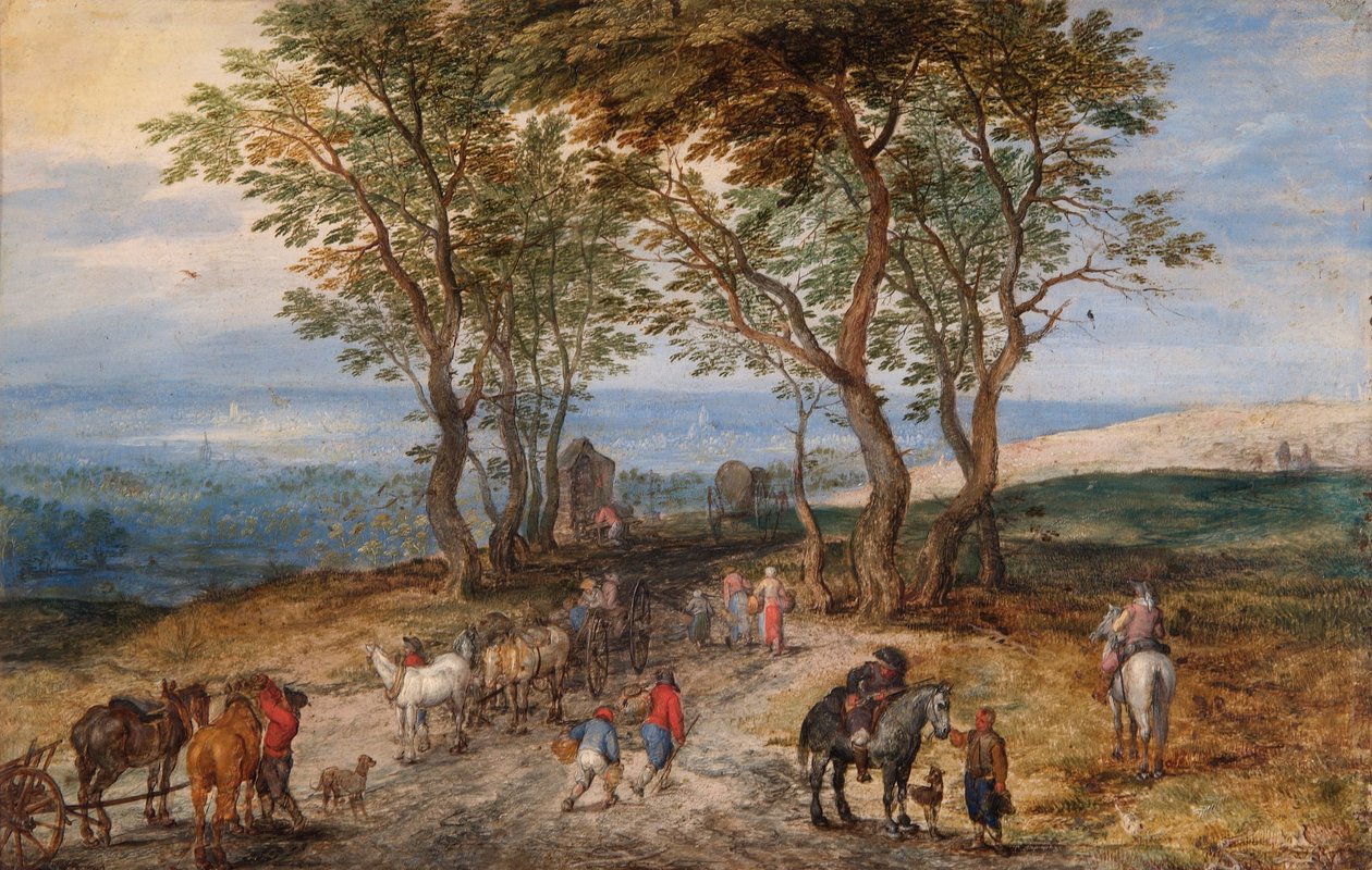 Figürlü Köy Yolu Sahnesi: Bir Tapınakta Dua Eden Bir Adam, 1610 dolayları (bakır üzerine yağlı boya) by Jan the Elder Brueghel