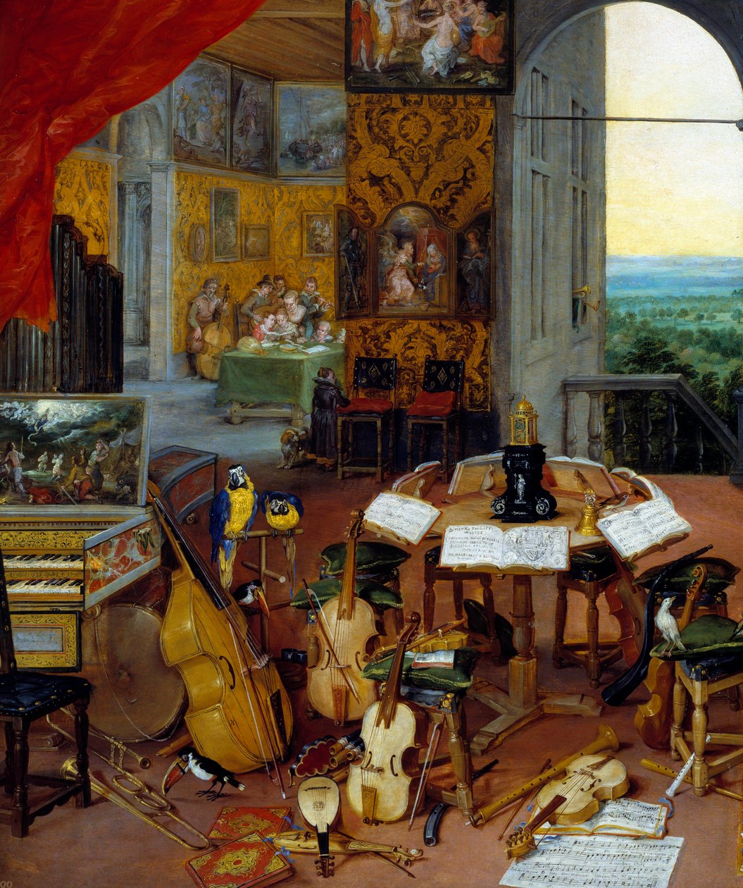 Müzik aletlerini (çello, keman, ud, flüt, klavsen) temsil eden detaylı işitme. Jan Brueghel tarafından yapılan boyama Le Vieux, Brueghel de Velours