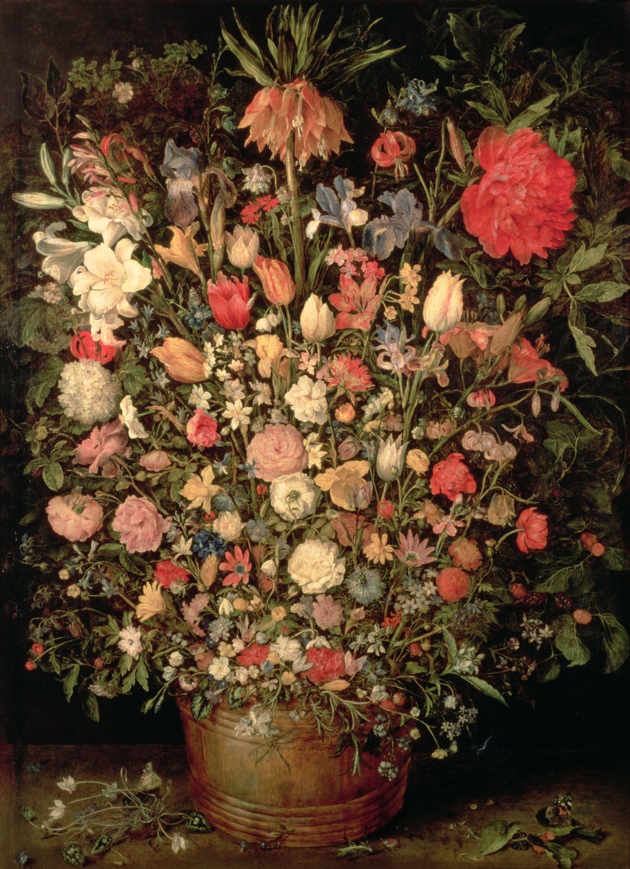 Ahşap bir küvette büyük bir buket çiçek by Jan the Elder Brueghel