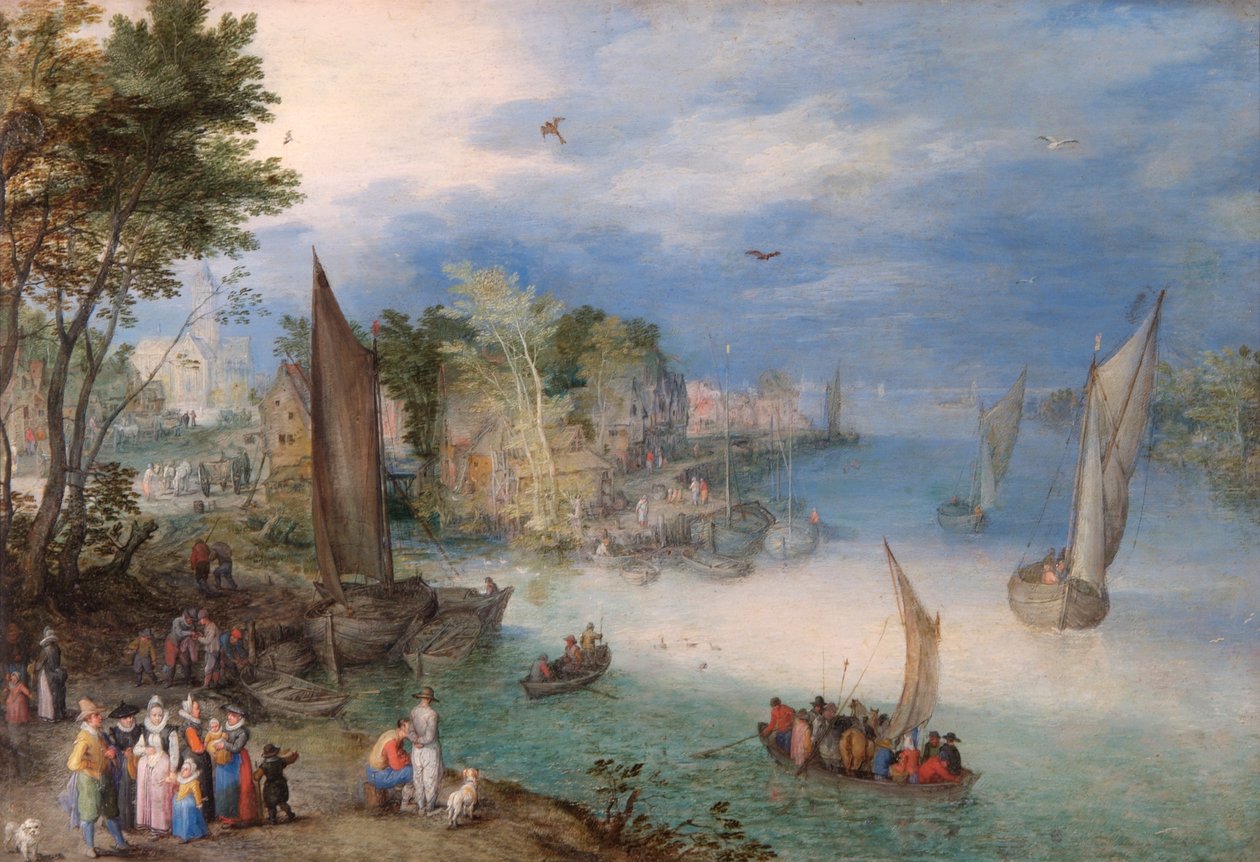 Tekneler ve Figürlerle Nehir Manzarası by Jan the Elder Brueghel