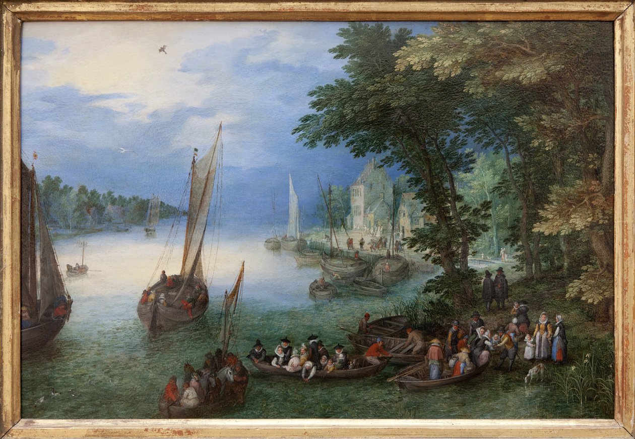Nehir sahnesi veya barkage, Jan Brueghel tarafından bakır üzerine yağlı boya, dit Brueghel de Velours (1568-1625), yaklaşık 1605. Boyut: 24 x 36 cm. Fotoğraf, KIM Youngtae, Nantes, Musee des Beaux Arts de Nantes. by Jan the Elder Brueghel