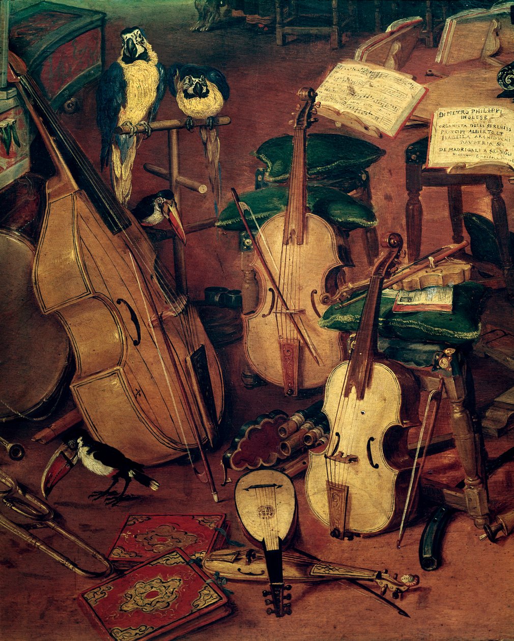 Teller ve papağanlar, beş duyunun alegorisinin detayı (Resim by Jan the Elder Brueghel