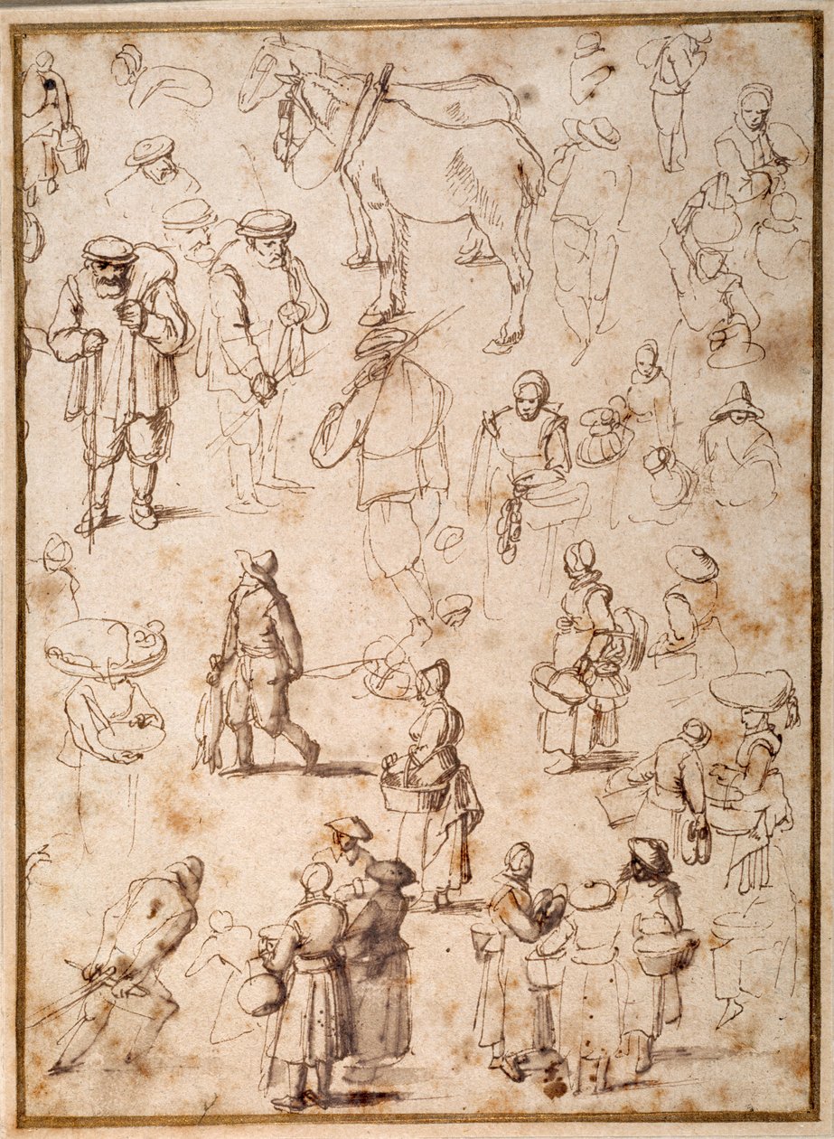 Köylü Yaşam Çalışmaları (kağıt üzerinde yıkama ile kalem ve mürekkep) by Jan the Elder Brueghel