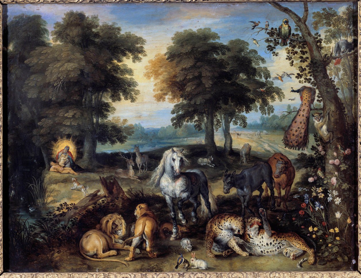 Dünya Cenneti Aden Bahçesi'nde bir arada yaşayan farklı hayvanlar, altta solda, Tanrı Havva'yı Adem'in bir yanından yaratır. Jan Bruegel (veya Breugel veya Brueghel veya Breughel) tarafından yapılan boyama, eski Bruegel de Velours (1568-1625) 1 by Jan the Elder Brueghel