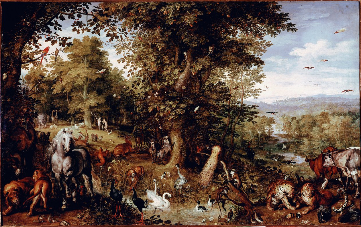 Ebedi Cennet Yaratılıştaki tüm hayvanlar çiftler halinde temsil edilir. Jan Bruegel (veya Breugel veya Brueghel veya Breughel) tarafından yapılan resim, eski Bruegel de Velours (1568-1625) olarak bilinir Roma Galleria Doria Pamphilj by Jan the Elder Brueghel