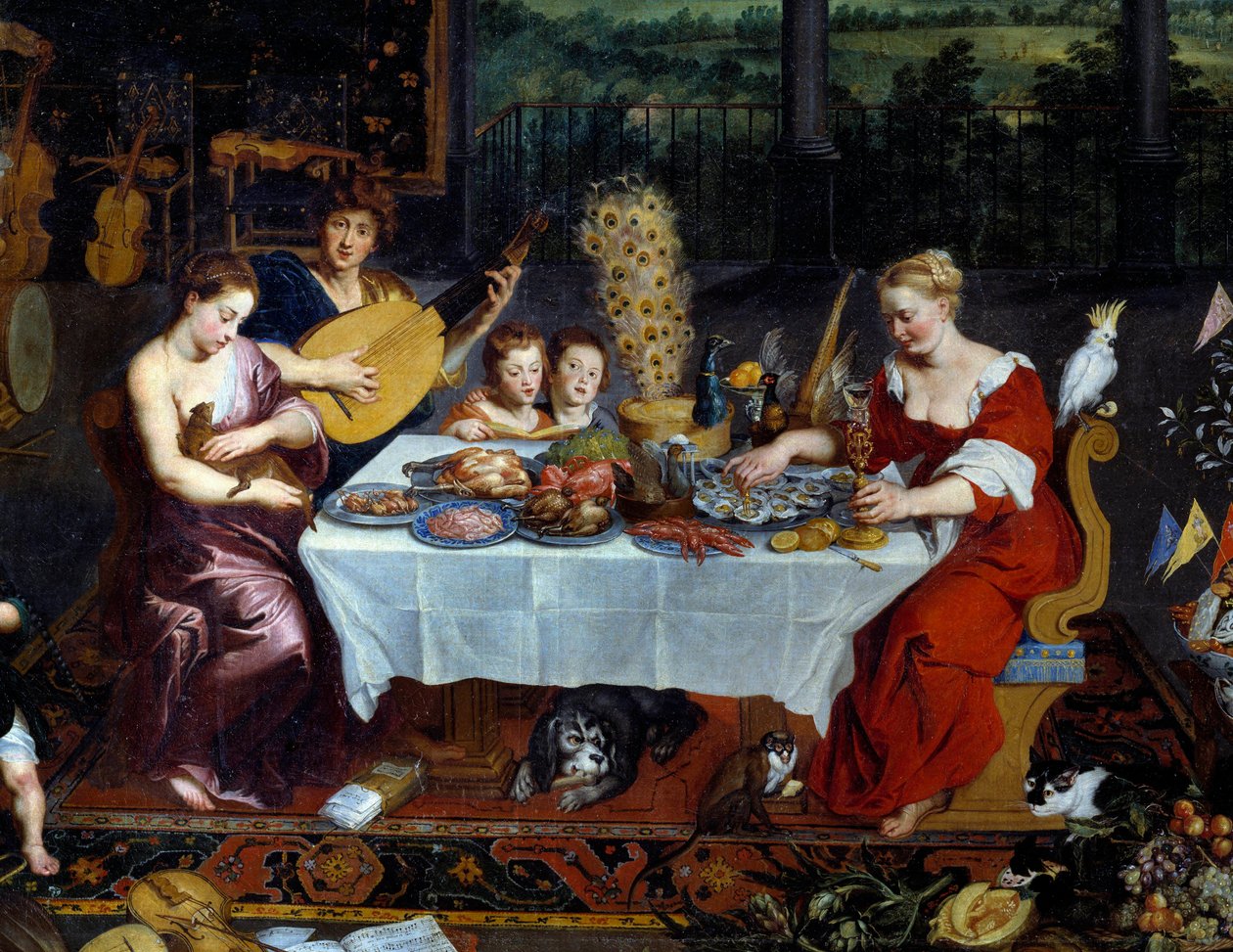 tadı. Müzisyenlerin huzurunda deniz ürünleri, kümes hayvanları yemeğini temsil eden detay. Jan Brueghel tarafından yapılan boyama Le Vieux, Brueghel de Velours