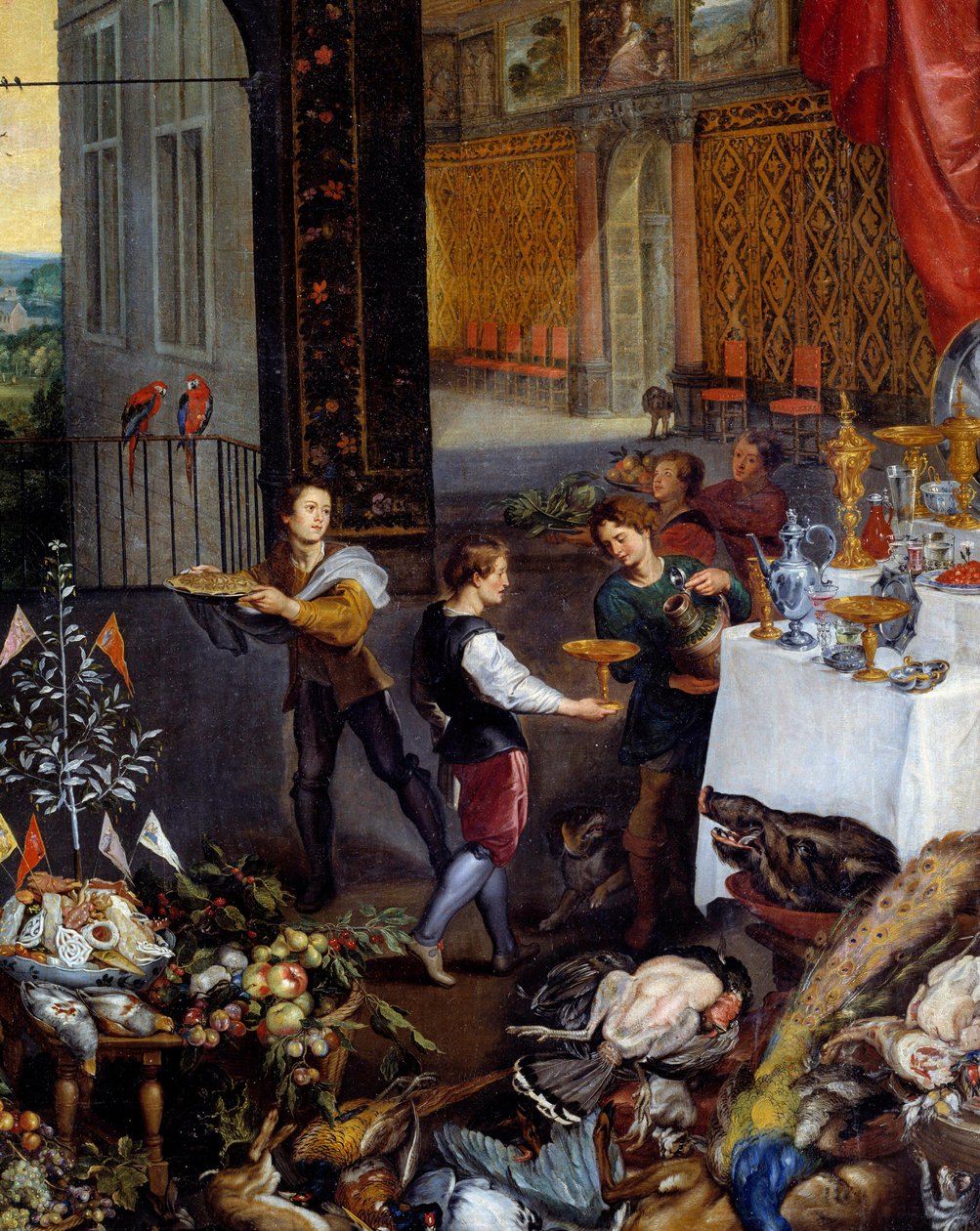 tadı. Bir ziyafette av eti ve kümes hayvanı tabaklarını getiren hizmetçileri temsil eden detay. Jan Brueghel tarafından yapılan boyama Le Vieux, Brueghel de Velours