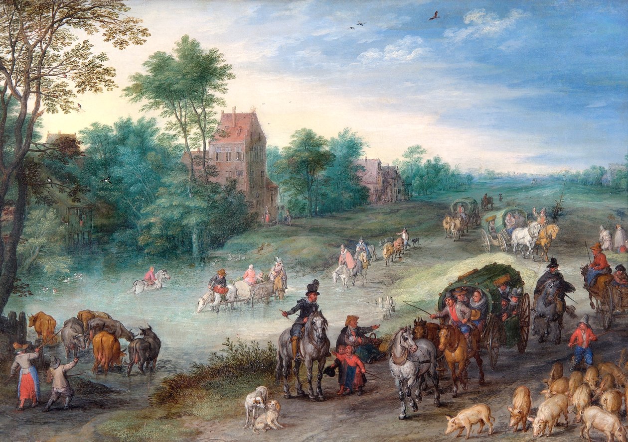 Sığır ve Domuzlarla Köy Yolunda Yolcular by Jan the Elder Brueghel