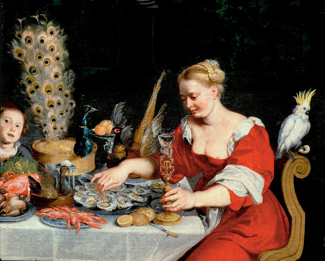 İstiridye yiyen kadın, Dört Element Alegorisinden detay by Jan the Elder Brueghel