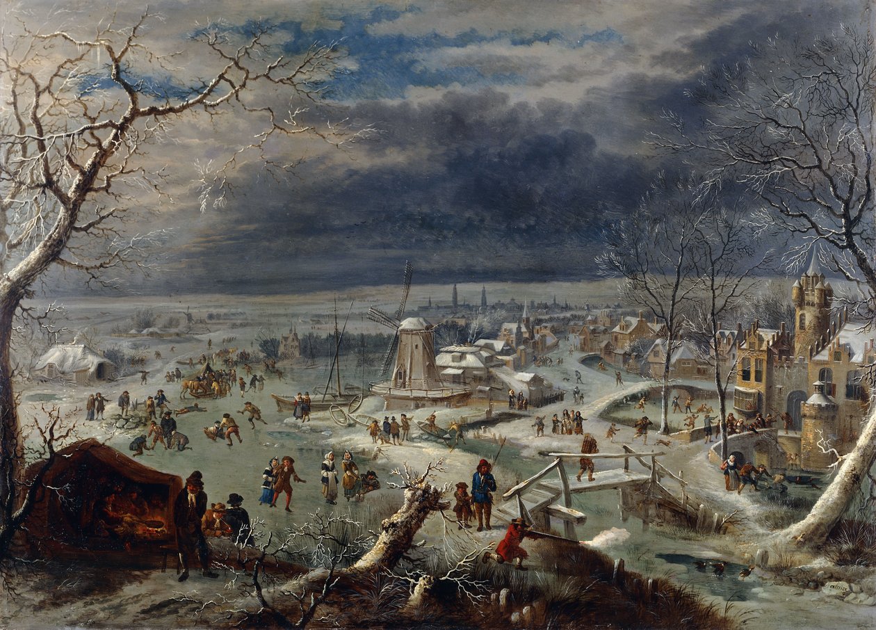 Bir Köyün Yanındaki Donmuş Bir Su Yolunda Patencilerle Bir Kış Manzarası, Ön Planda Bir Avcı, Anvers Ötesi, by Jan the Elder Griffier