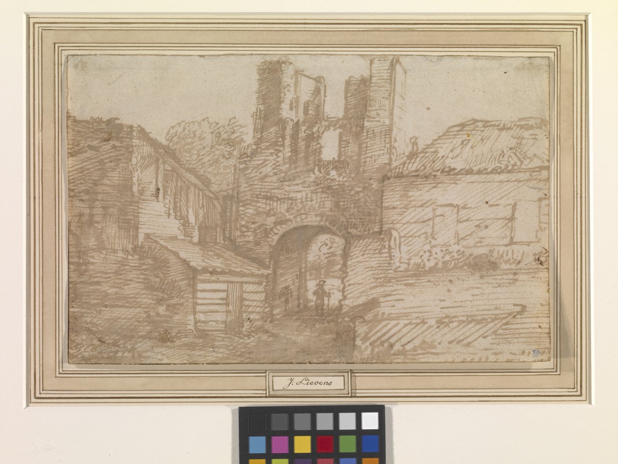 Brederode Kalesi Harabelerinin Dış Kapısı (kirli beyaz kağıt üzerine kalem ve kahverengi mürekkep) by Jan the Elder Lievens