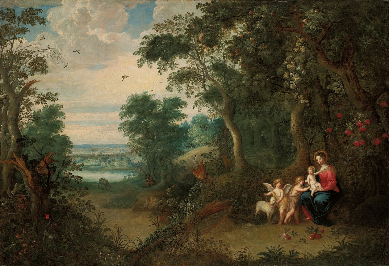 Bakire ve Çocuk, bebek Vaftizci Yahya ve bir melek ile ormanlık bir manzara by Jan Brueghel the Younger