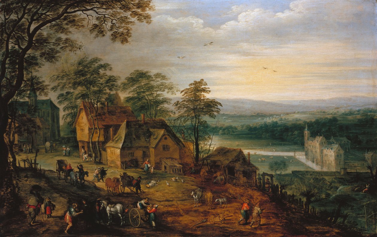 Figürler ve Arabalarla Köy Sokağı, Arka Planda Hendekli Bir Kale by Jan Brueghel the Younger