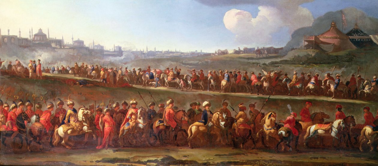 İstanbul dışında bir Türk Kervanı (tuval üzerine yağlı boya) by Jan van (attr. to) Huchtenburgh