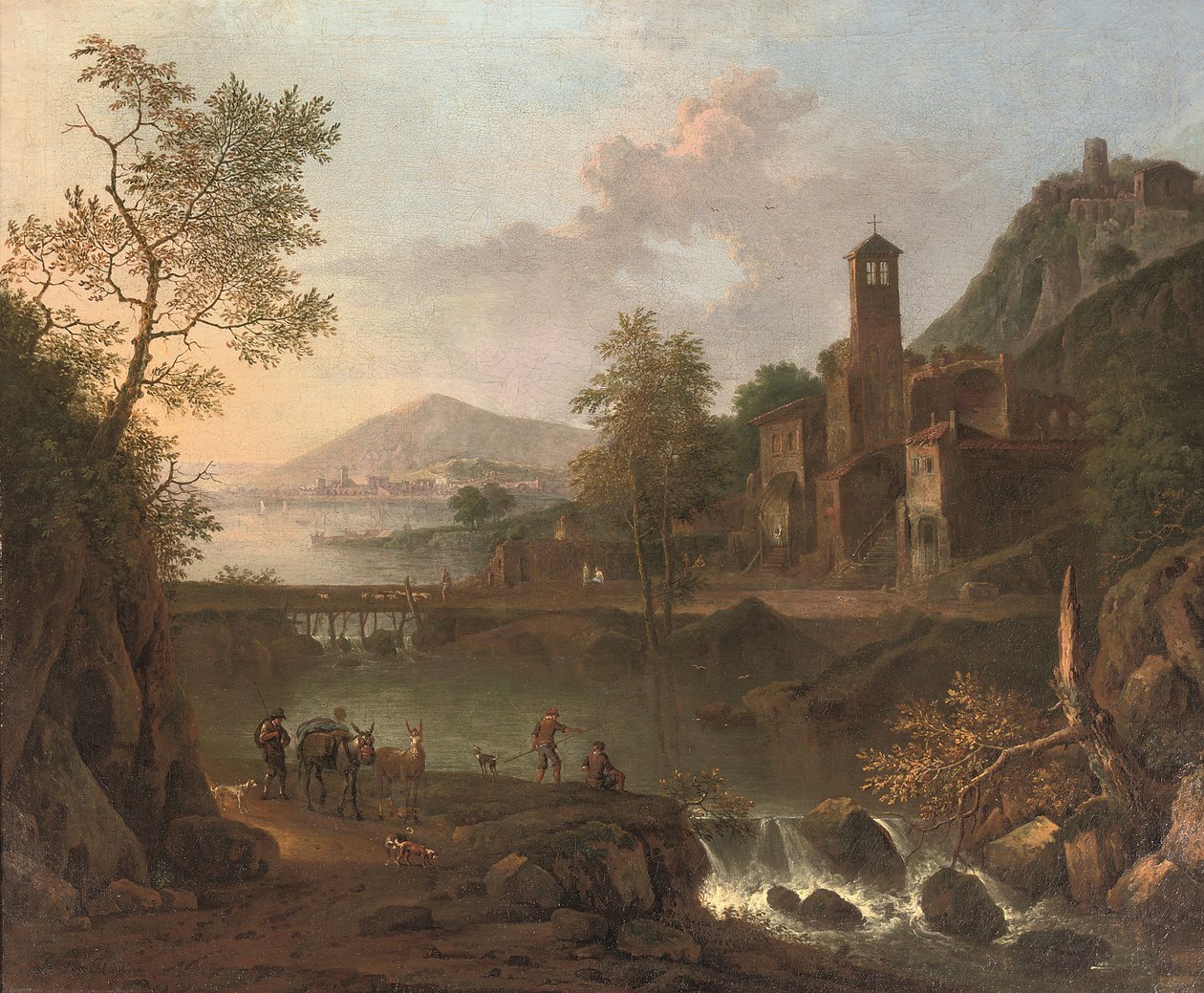 Bir katırcı ve olta balıkçıları ile İtalyan tarzı bir nehir manzarası, ötesinde bir tepe kasabası (tuval üzerine yağlıboya) by Jan van (studio of) Huijsum