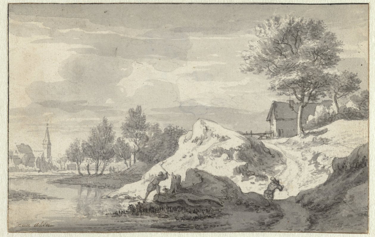 Bir Nehrin Kıyısında Odun Doğrayan Figürlerle Manzara by Jan van Aken