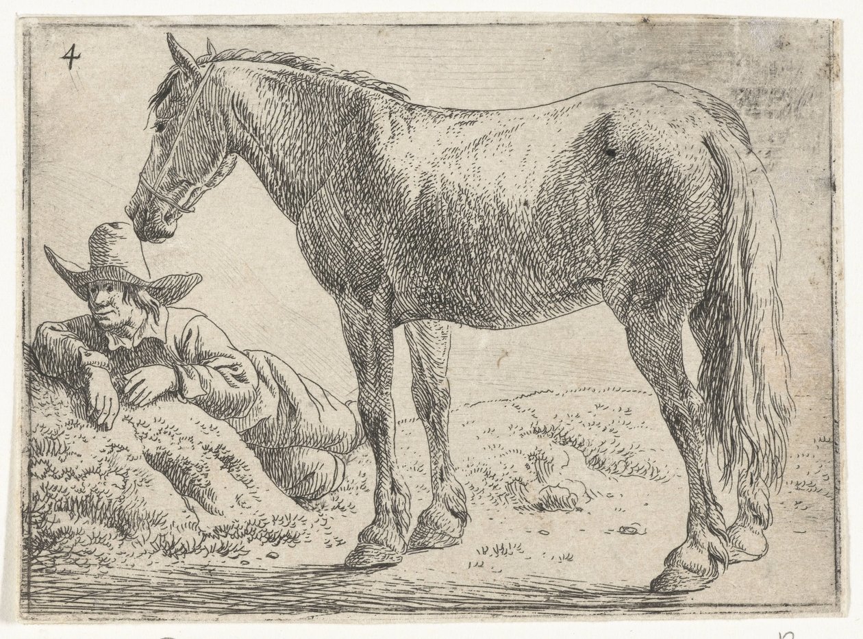 Dinlenme binicisi ile ayakta at Atlı manzaralar (dizi başlığı) by Jan van Aken