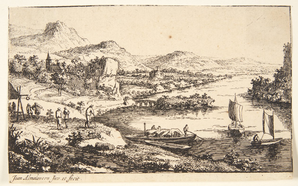 Yolcularla nehir manzarası, bir mavna ve yelken için iki sandal by Jan van Almeloveen