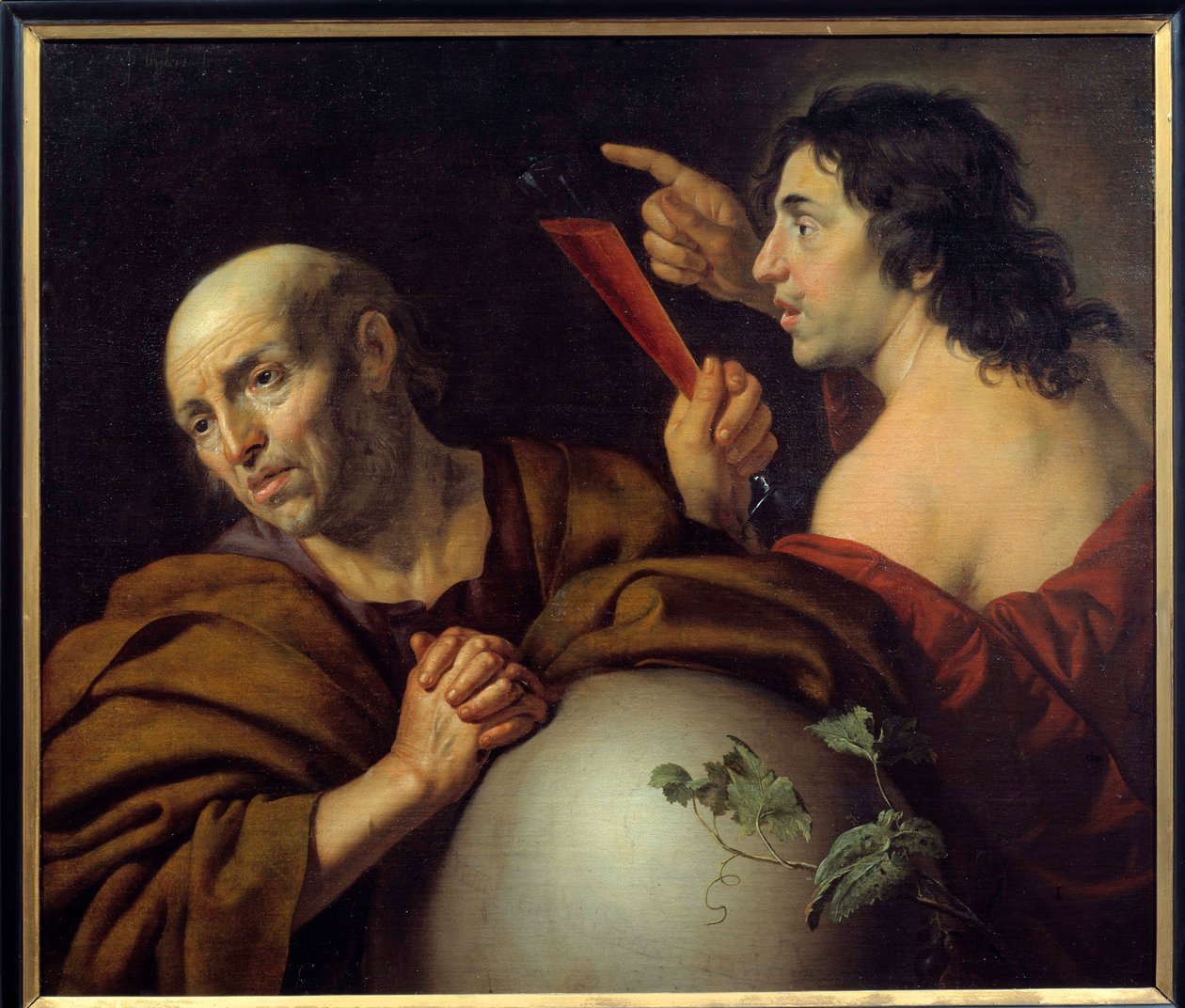 Heraclite ve Democrite Yunan filozofları Efesli Heraclite (Herakleitos) (MÖ 535-475) ve Democrite (Democritus) (MÖ 460-370). Jan van Bijlert (1597-1671) 17. yüzyıl Utrecht tarafından tablo. Merkez Müzesi by Jan van Bijlert or Bylert