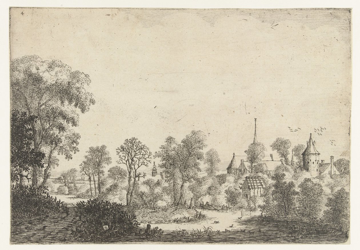 Bir köy ve bir teknede bir adam manzaralı manzara Manzaralar (dizi başlığı) by Jan van Brosterhuyzen